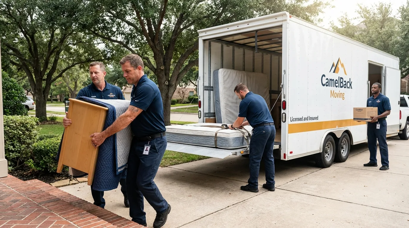 Crew loading residential truck for cross-state move from Dickens, TX