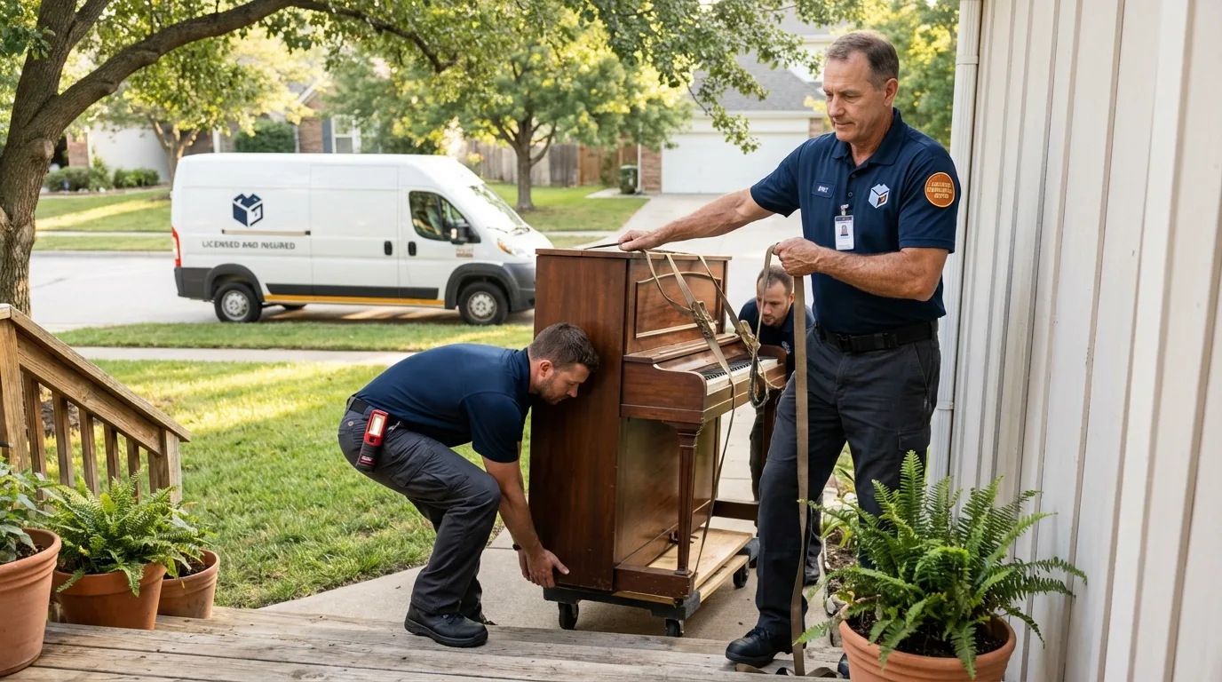 Licensed piano movers securing grand piano in Dickens, TX