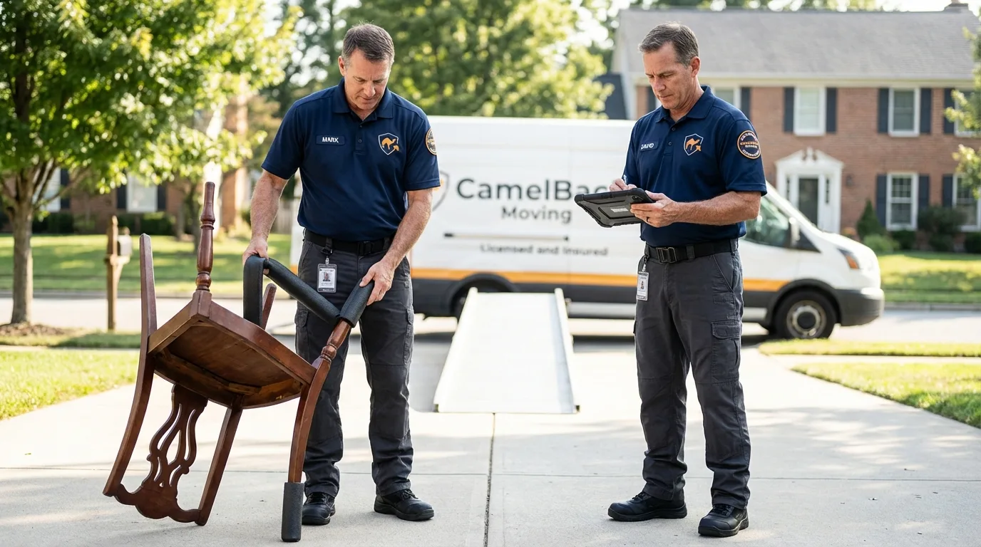 Movers inspecting furniture for damage prevention before loading in Dickens, TX